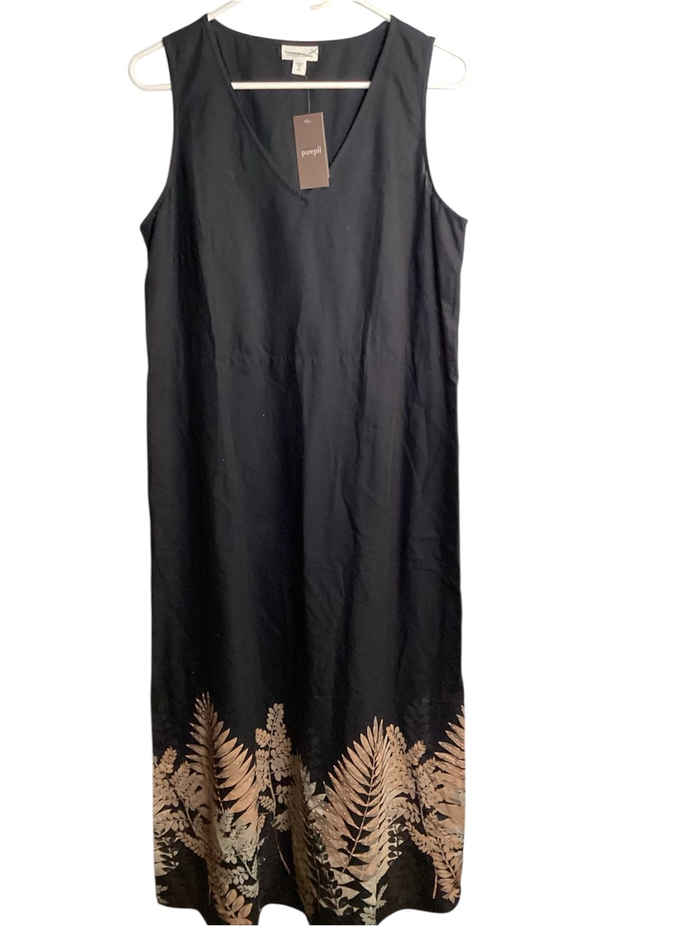 Pure Jill Black Sleeveless Maxi Dress with Tan Fern Border, vacation, resort